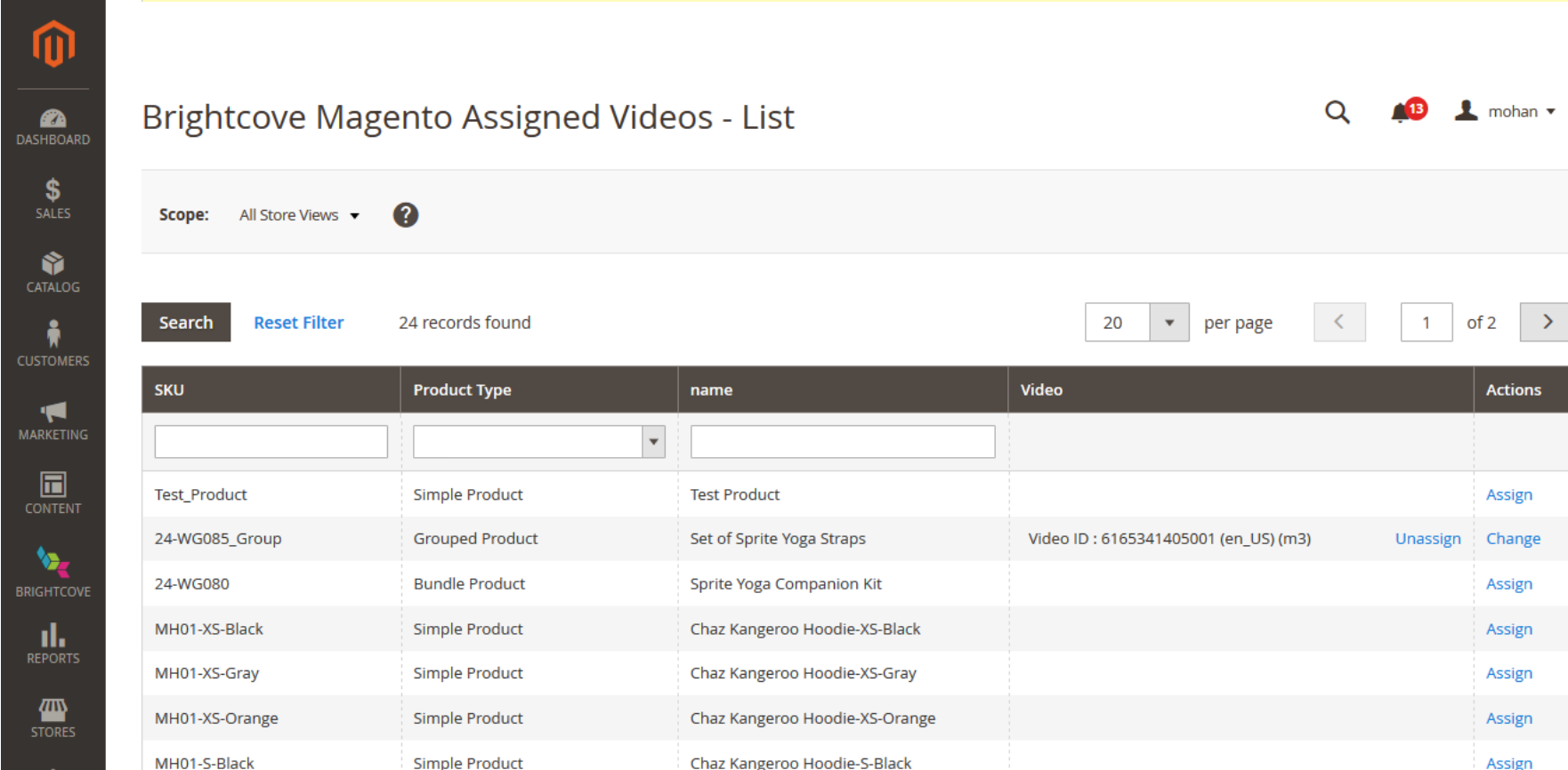 Assign Videos to Products Page