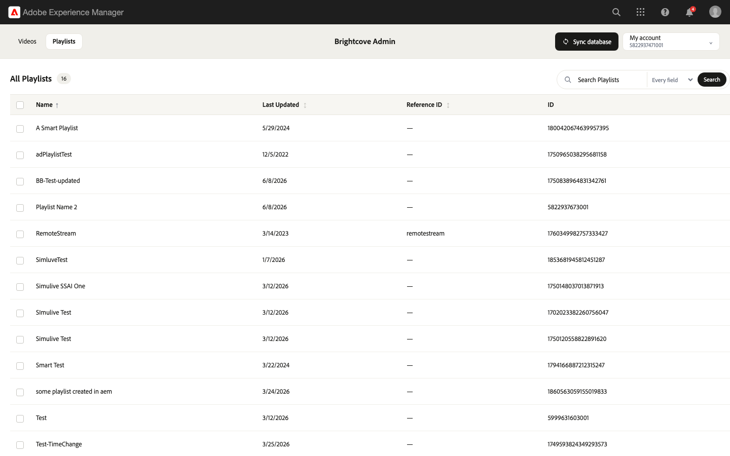 Brightcove Admin console playlists tab