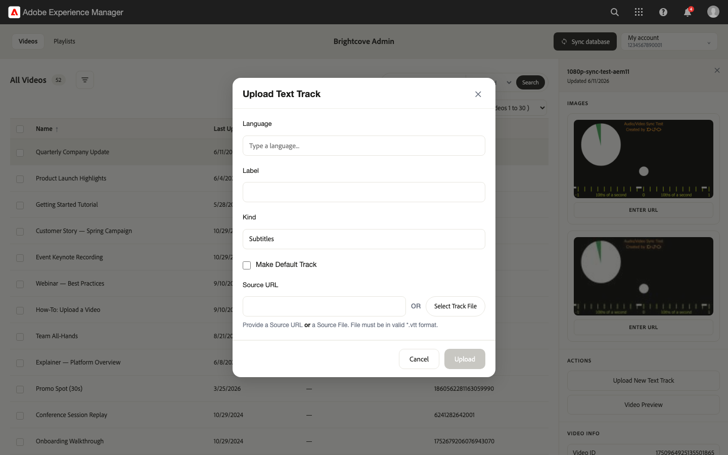 Upload Text Track dialog