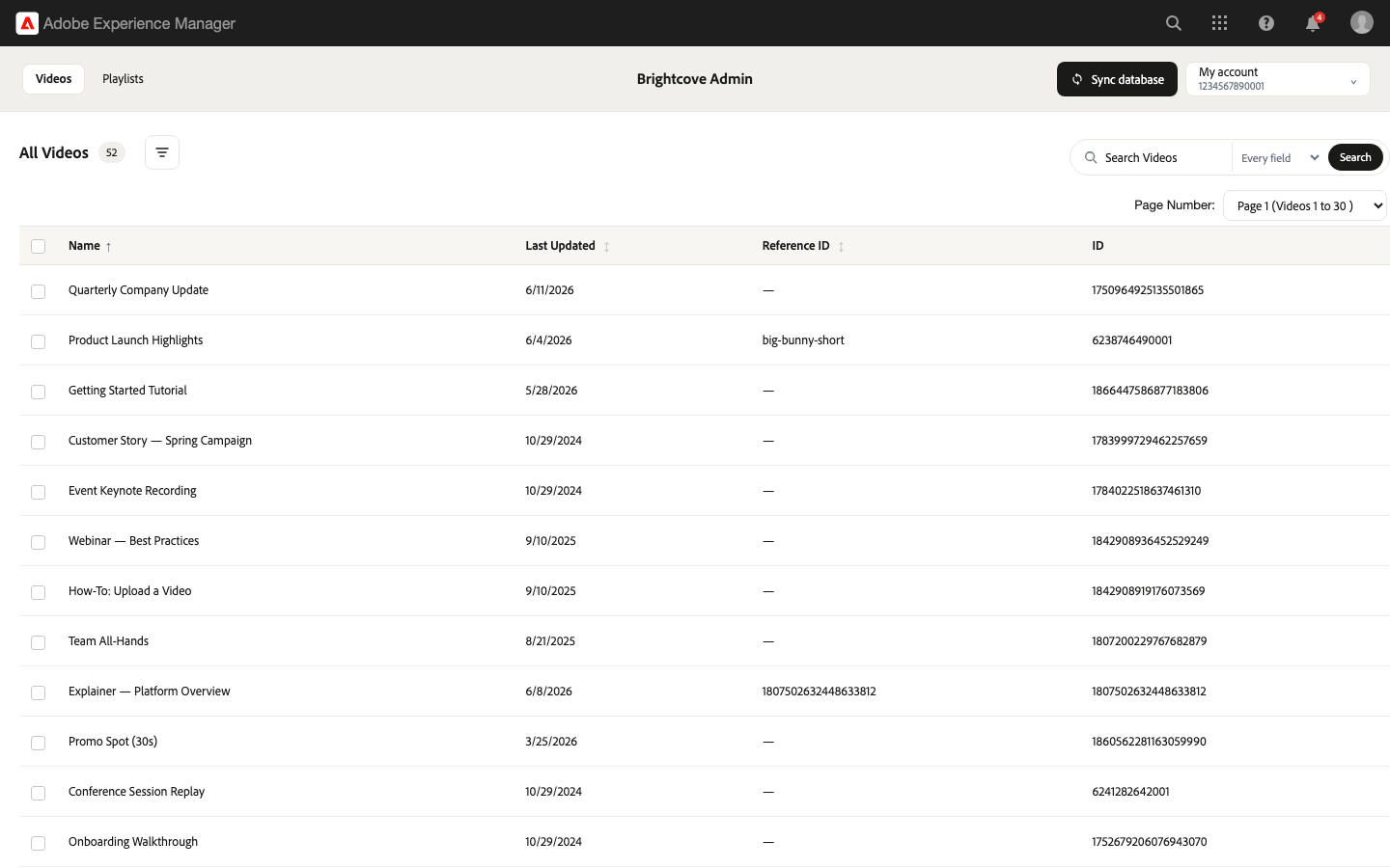 Brightcove Admin console video list