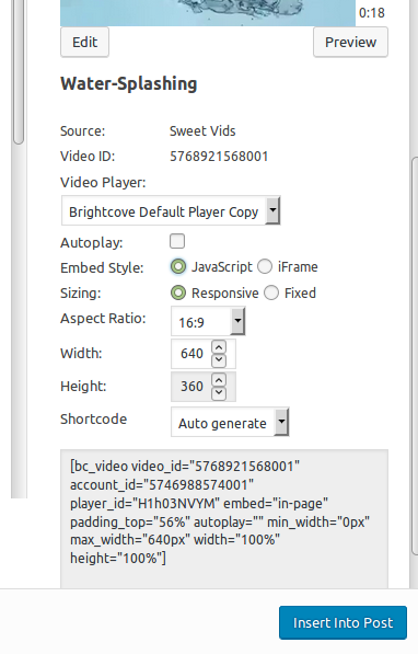 Options, Shortcode, and button to insert video into a post